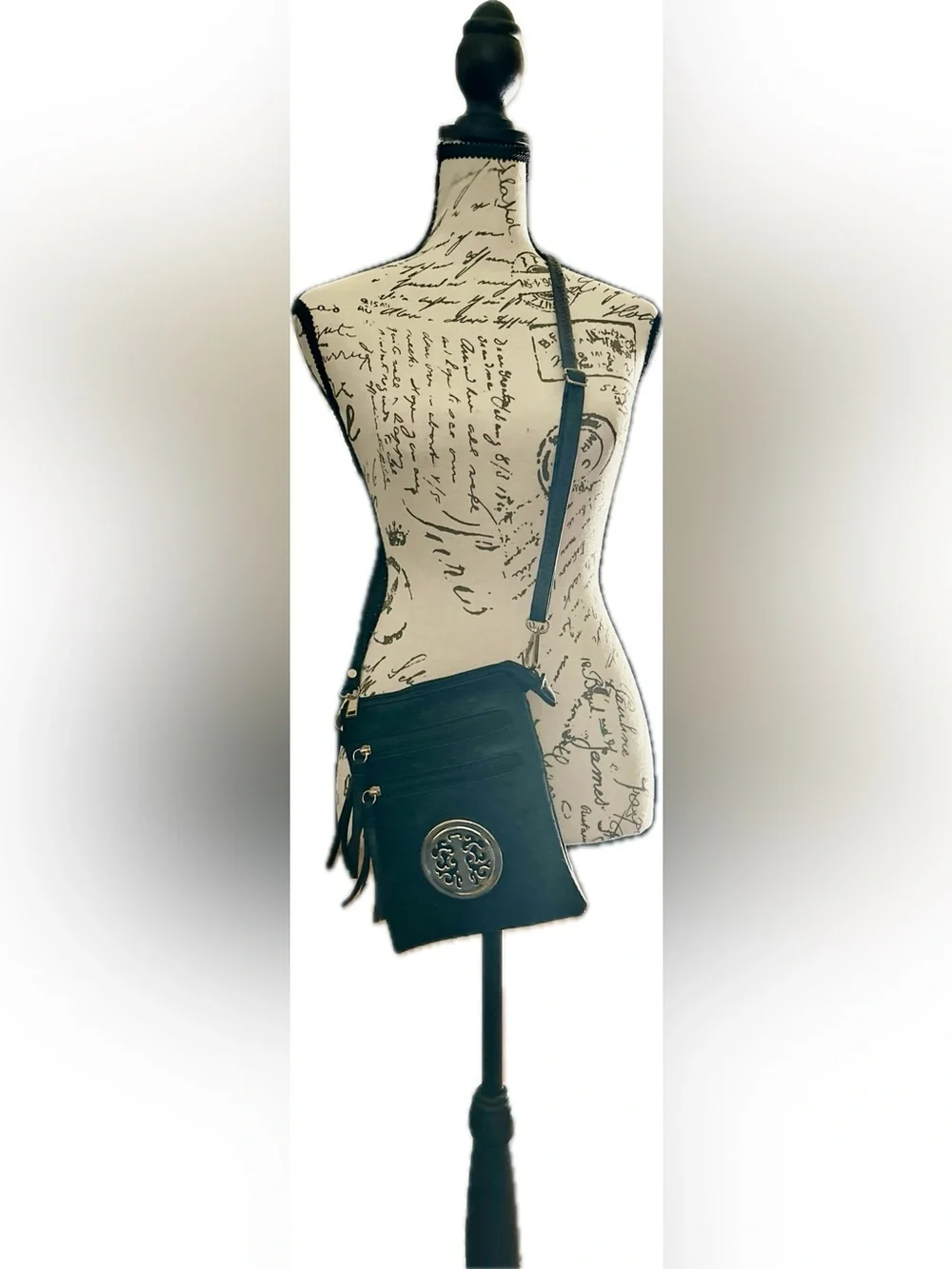Faux Ostrich Crossbody Bag Black Fringe Travel Purse Gold Medallion Small